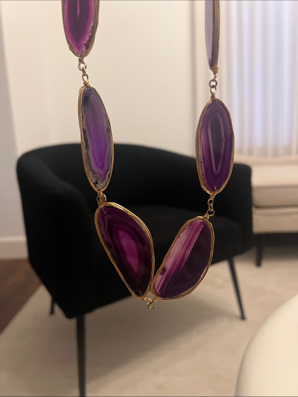 Vibrant Purple Agate Pendant Necklace With Gold Trim